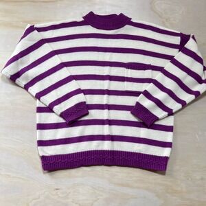 American Weekend Vintage Purple White Striped Mock Neck Sweater Womens Large